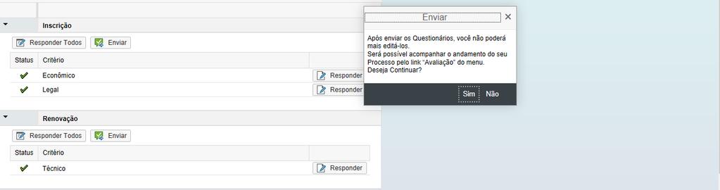 Para confirmar o envio do questionário, clicar em Sim.