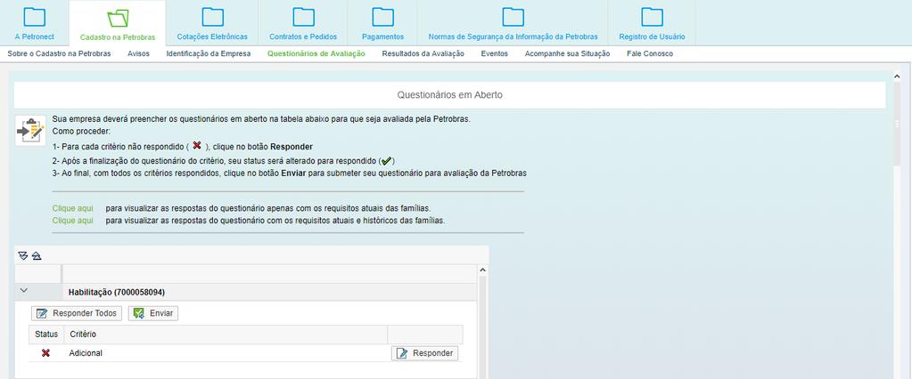 Critério Adicional Dentro de Questionário de Avaliação também serão exibidos os Critérios Adicionais da oportunidade.