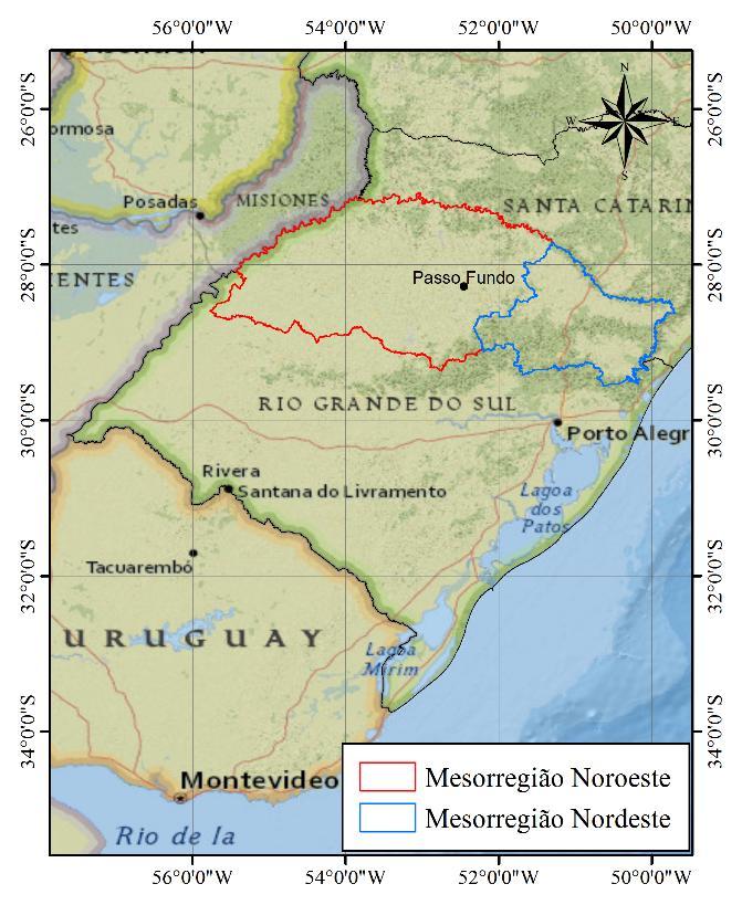 41 Figura 5 Localização das mesorregiões Noroeste e Nordeste do Rio Grande do Sul. Fonte: IBGE, 2010. Adaptado de National Geographic, 2011.