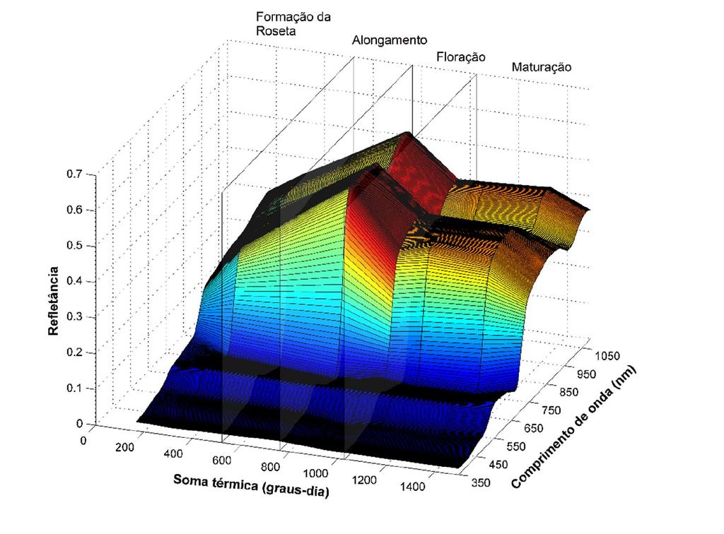 79 Figura 22 Representação tridimensional da variação temporal da resposta espectral média das parcelas experimentais de canola para 2014.