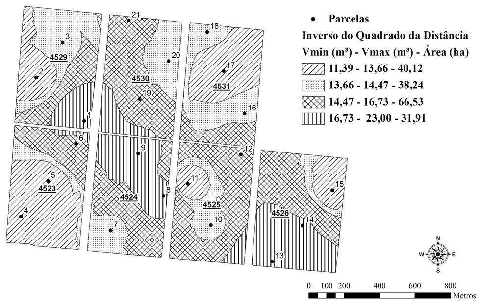 Técnicas geoestatísticas e interpoladores espaciais na estratificação de povoamentos... 545 FIGURA 1: Relação entre o volume com a longitude (a) e com a latitude (b) para o projeto C12.