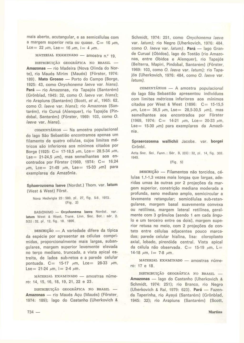 mais aberto, acutangular, e as semicélulas com a margem superior reta ou quase. C= 16 pm, lce= 22 pm, lse= 16 pm, i= 4 J.'m. MATERIAL EXAMINADO- amostra n.o 19.