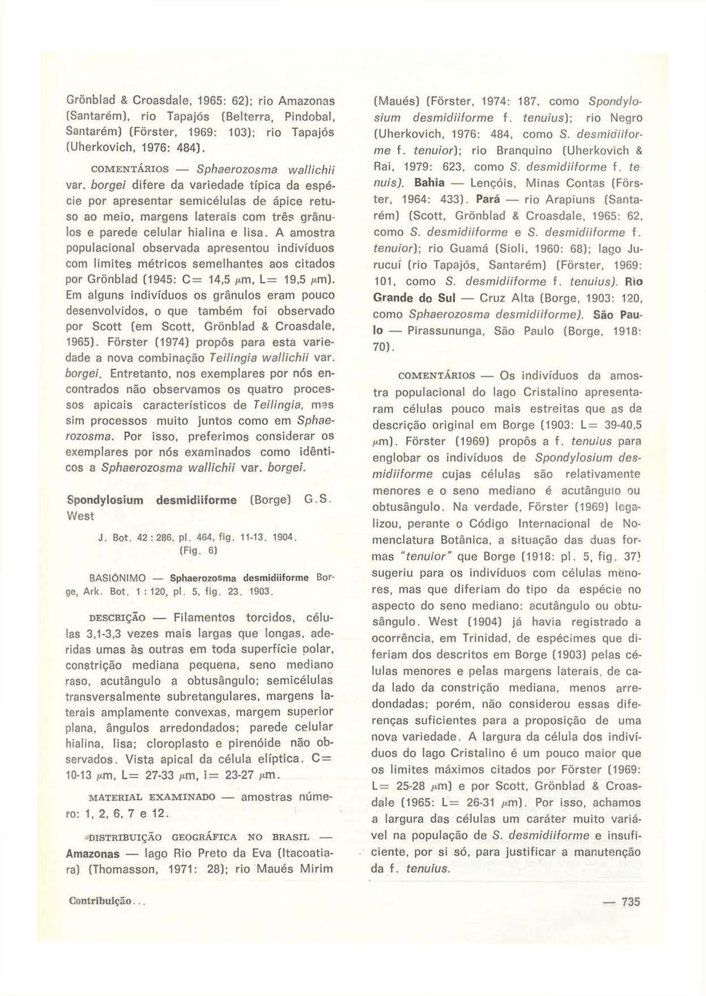 Grõnblad & Croasdale, 1965: 62); rio Amazonas (Santarém), rio Tapajós (Belterra, Pindobal, Santarém) (Fõrster, 1969: 103); rio Tapajós (Uherkovich, 1976: 484). COMENTÁ.