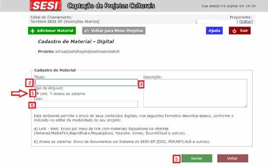 Após clicar no botão para Cadastro de Material Digital, em Meus Projetos (9º Passo), você será direcionado à página ilustrada acima.