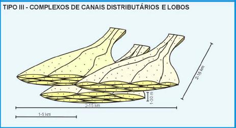 COMPLEXOS DE CANAIS DISTRIBUTÁRIOS E LÓBULOS Os Complexos de Canais Distributários e Lóbulos, que representam a porção terminal dos sistemas turbiditicos, apresentam geometria externa lobada ou