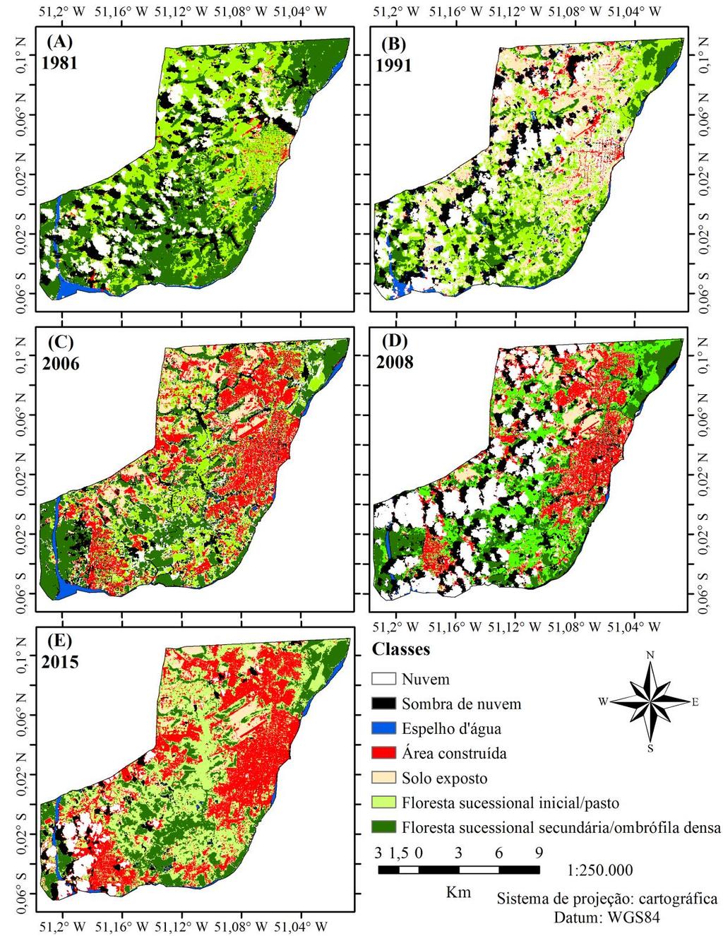 da cidade uma maior quantidade de energia a ser usada como fluxo de calor sensível. Figure 2 - Cartas de uso do solo na Região Metropolitana de Macapá (RMM).