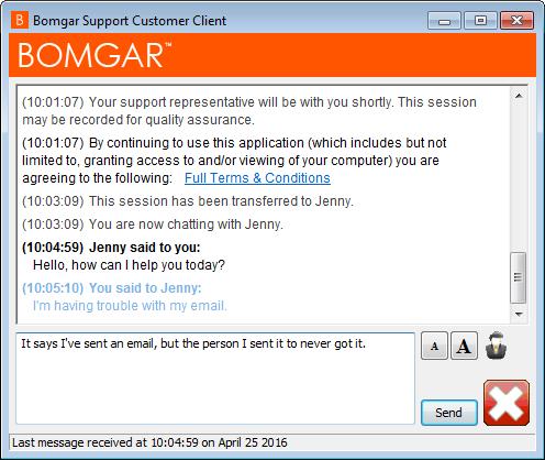 Cliente Bomgar Connect: Interface Sessão de Suporte Técnico Quando seu cliente iniciar uma sessão de suporte técnico, essa sessão iniciará com bate-papo na web ou download completo de cliente,