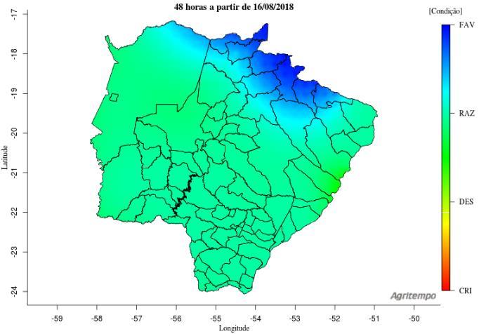Condições para Colheita De acordo com o modelo Agritempo (Sistema de Monitoramento Agro Meteorológico), nas regiões representadas pela coloração verde (Figura 01), em um período de 48 horas a