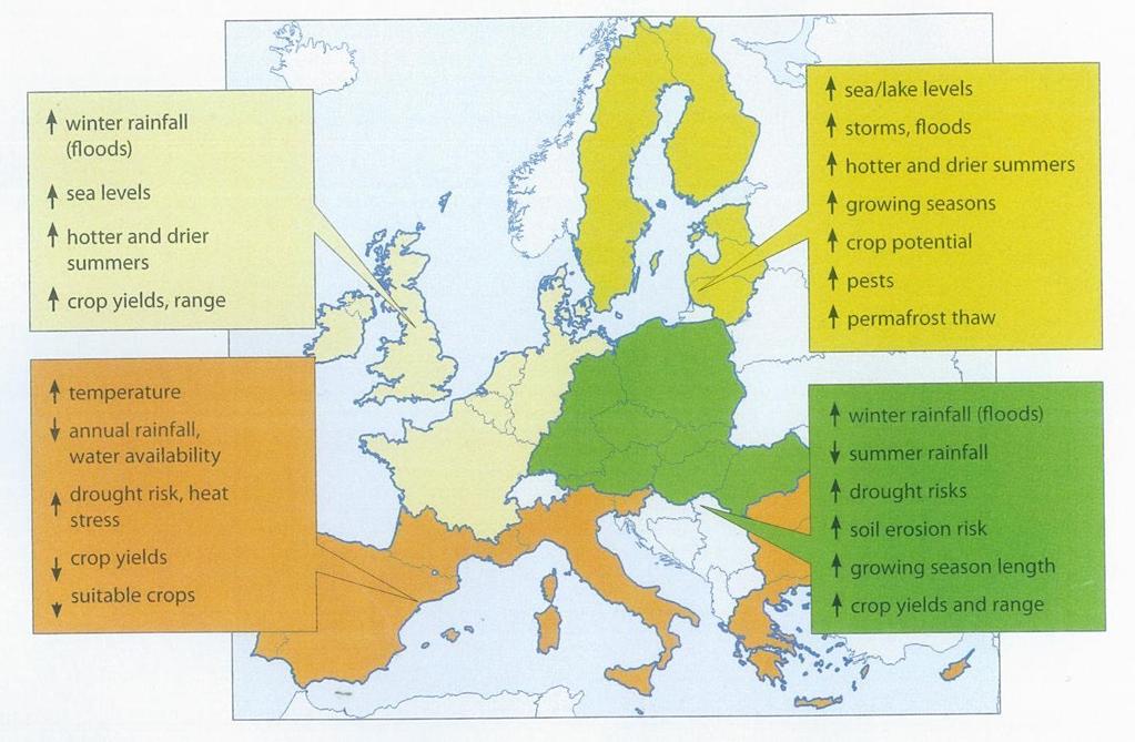 Climate Change Projected impacts on European Union Agriculture (DG Agriculture 2008) Winter rainfall (waterloging) Water sea level Summer Temperature and drought Yield variability Water sea/lakes