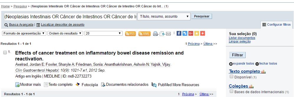 RESULTADOS Deixar a busca mais geral (Neoplasias Intestinais OR Câncer de Intestinos OR Câncer de Intestino OR Câncer do Intestino OR Câncer