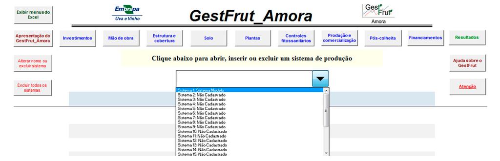 Na parte superior dessa tela, estão localizados vários botões que dão acesso às outras telas do sistema (investimentos, mão de obra, estrutura e cobertura, solo, plantas, tratamentos fitossanitários,