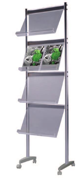 Brochure Stand Cañamo Prospektständer aus Aluminium mit 4 Ablageflächen aus Kunststoff. Kapazität für 2x A4 pro Ablagefläche. Größe: 620x90x1770mm. Single side brochure stand.