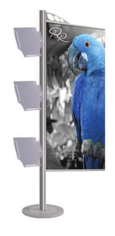 It has 4 mounting acrylic supports for exhibiting brochures or catalogs, a totem pole with light and a stand for a graph. Printing not included. Designed for 1xA4 brochures. Dimension 820x1700x280 mm.