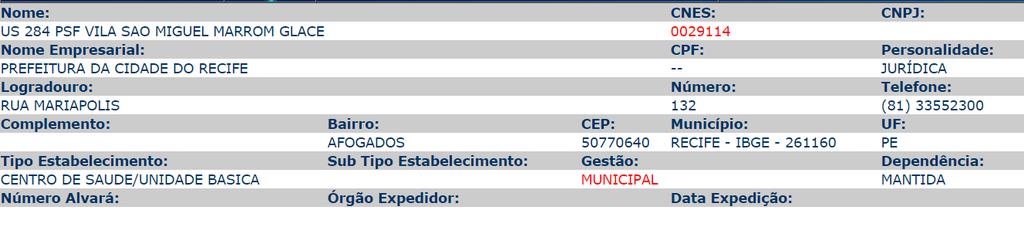 RELATÓRIO DE VISTORIA 2/2015/PE Razão Social: USF Vila São Miguel - Marrom Glacê Nome Fantasia: USF Vila São Miguel - Marrom Glacê Endereço: Rua Mariápolis, 132 Bairro: Afogados Cidade: Recife - PE