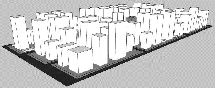 Estes, por sua vez, foram representados em duas categorias: Caso Base Modelo 1 (Figura 3a), representa a configuração atual do recorte urbano, respeitando o gabarito das edificações e a largura das