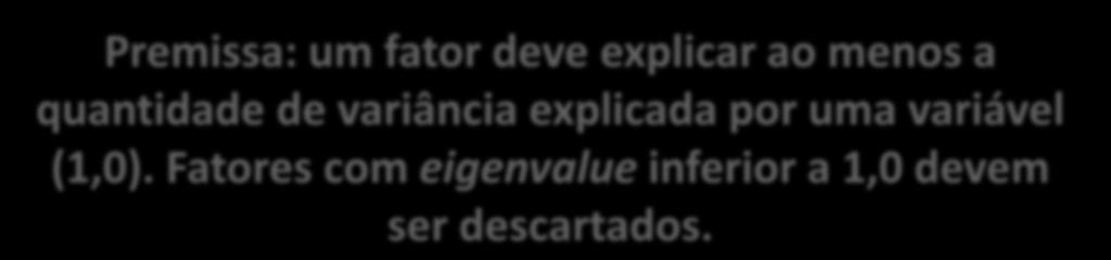 Determinação de fatores e avaliação do ajuste geral 2- Critérios sobre número de fatores a extrair Critério da raiz latente, ou autovalor, ou eigenvalues (Também chamado Critério Guttman-Kaiser)