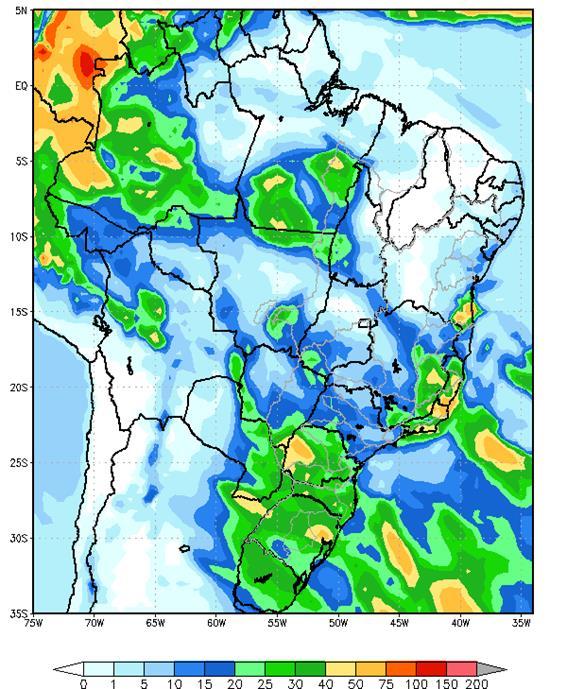 Figura 1 - Precipitação acumulada prevista pelo modelo ETA (CPTEC/INPE) para o período de 18/08 a 24/08/18 Nas bacias dos rios Paranapanema, Grande, Paranaíba e Iguaçu, e parte das bacias dos rios