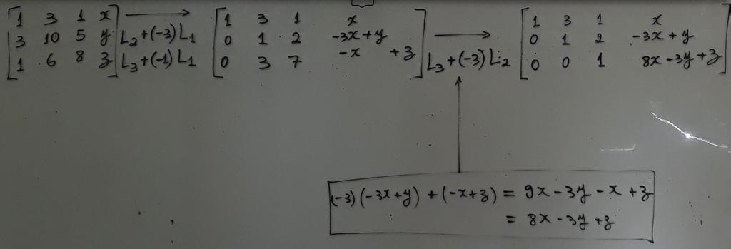 CAPÍTULO 7 MATRIZ DE UMA TRANSFORMAÇÃO LINEAR 5 3 x 3 0 5 y 6 8 z Escalonando essa matriz obtemos a seguinte matriz 0 0 50x 8y + 5z 0 0 7y 9x z 0 0 8x 3y + z Portanto a solução do sistema é dada por