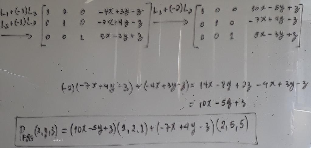 CAPÍTULO 7 MATRIZ DE UMA TRANSFORMAÇÃO LINEAR 7 Exemplo 70 Sejam u = (,, ), u = (0,, 0), u 3 = (0,, ) R 3 e P : R 3 R 3 a projeção do ponto (x, y, z) sobre subespaço F = [u, u paralela ao subespaço G