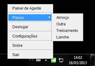 Agente - Agente WeON - 06 06 10 - Sub-menu do aplicativo: Pausa / Deslogar / Configurações Ao clicar com o botão direito sobre o ícone seguintes