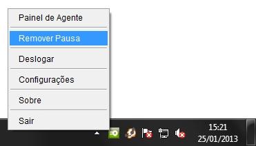 aplicativo 11 - Remover Pausa Para remover a Pausa, o Agente deverá clicar com o botão direito no ícone a opção Remover Pausa Status do Agente com o