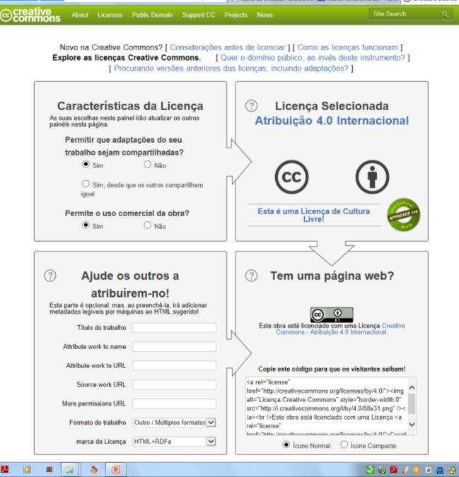 Obter uma licença Creative Commons As licenças Creative Commons obtêm-se diretamente online ao preencher um formulário onde escolhemos a especificação do tipo de utilização que queremos autorizar.