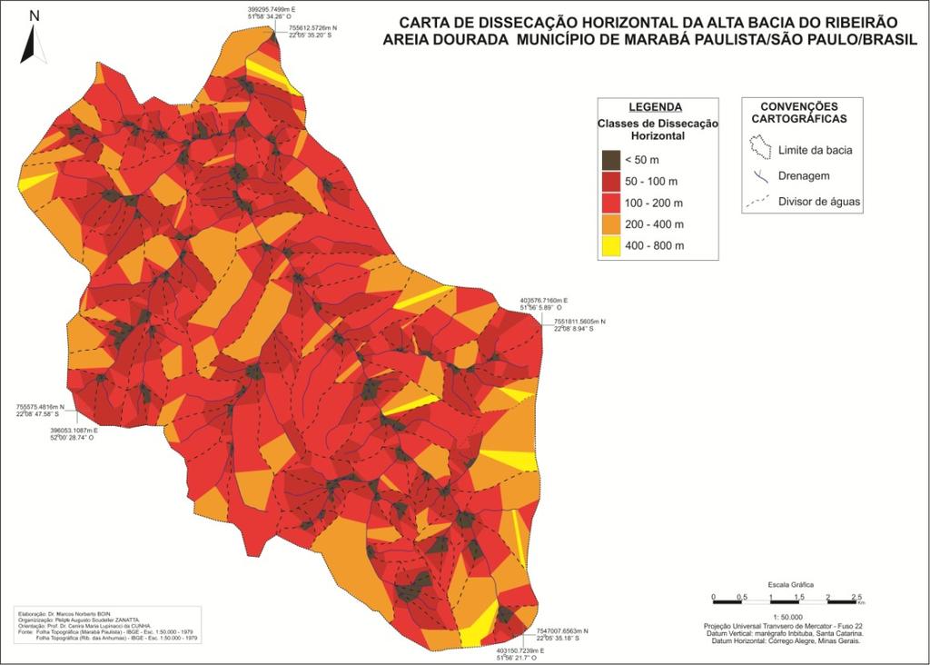 Resultados Como resultados dos procedimentos acima detalhados, foram elaboradas as cartas de dissecação horizontal (Figura 2) e dissecação vertical (Figura 3) da alta bacia do ribeirão Areia Dourada,