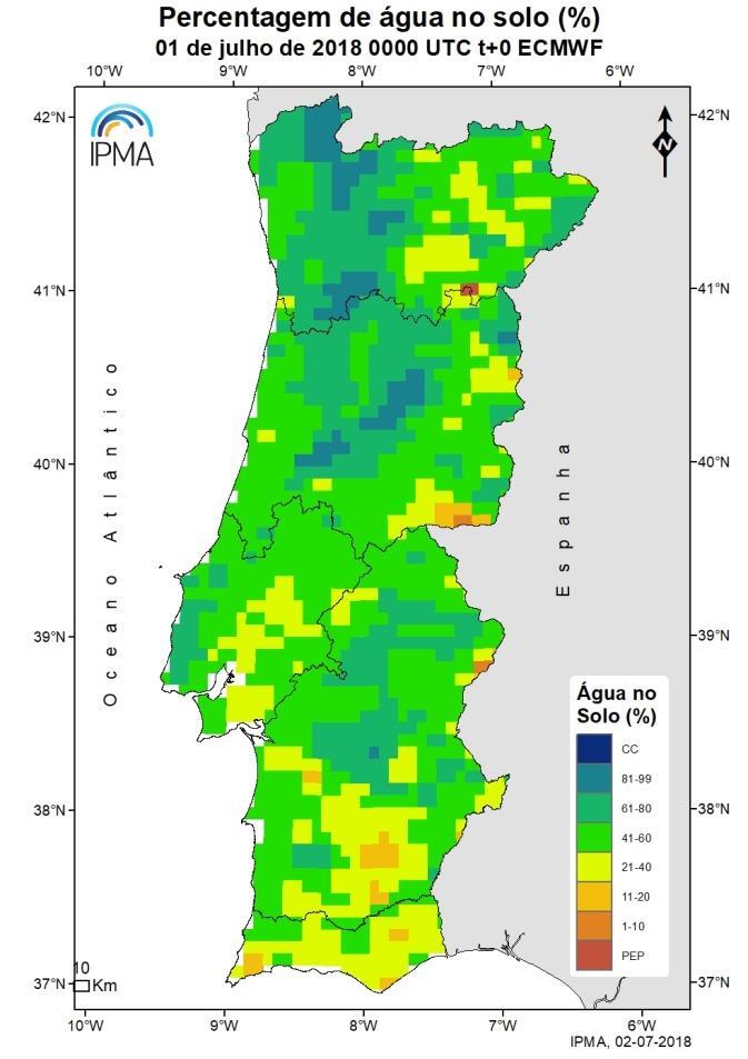 Figura 8 - Percentagem de água no solo (média 0-100 cm profundidade), em relação à capacidade de água utilizável pelas plantas a 01 junho (esq.