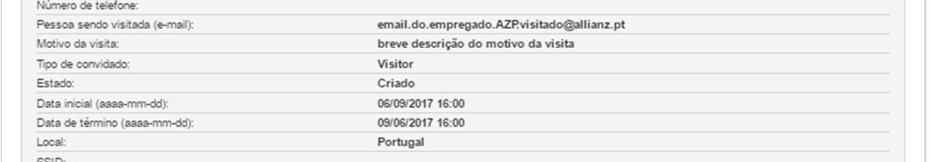 Após selecionar o botão Criar será apresentada a informação sobre a conta de visitante