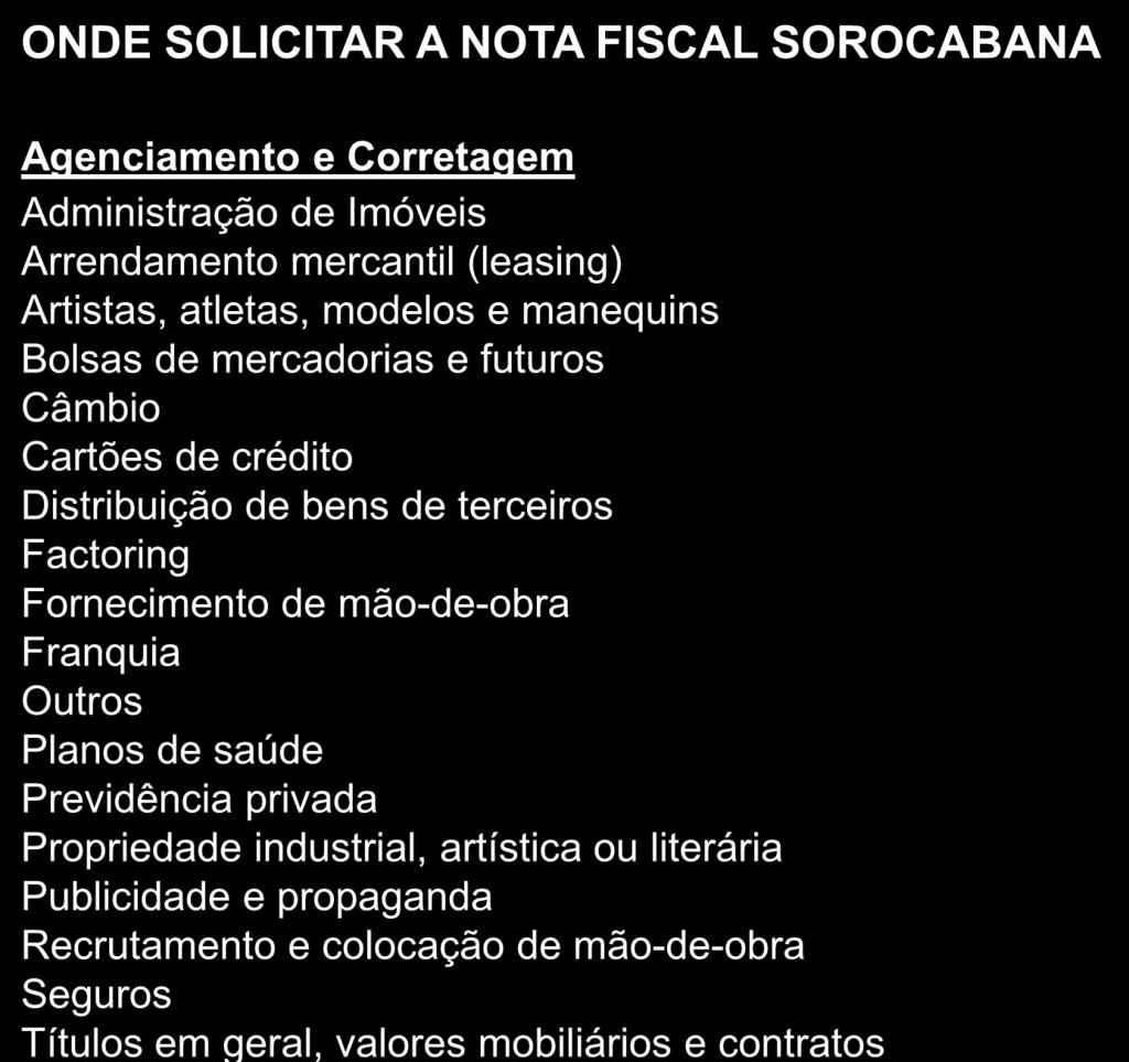 ONDE SOLICITAR A NOTA FISCAL SOROCABANA Agenciamento e Corretagem Administração de Imóveis Arrendamento mercantil (leasing) Artistas, atletas, modelos e manequins Bolsas de mercadorias e futuros