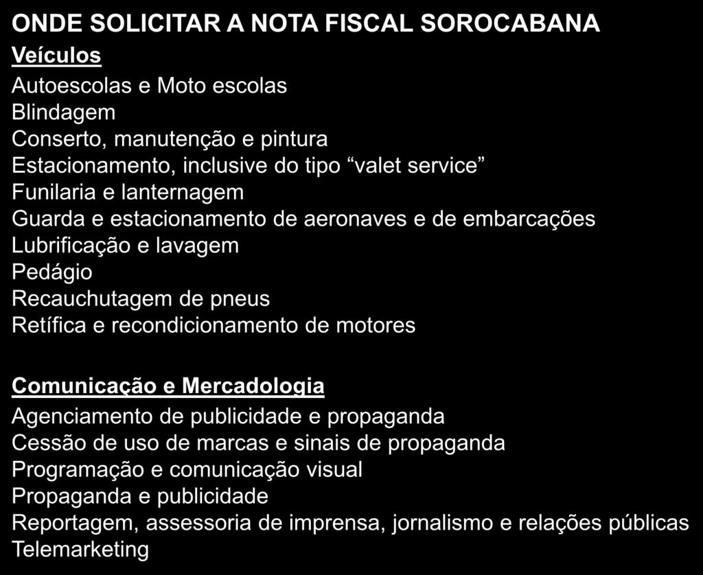 ONDE SOLICITAR A NOTA FISCAL SOROCABANA Veículos Autoescolas e Moto escolas Blindagem Conserto, manutenção e pintura Estacionamento, inclusive do tipo valet service Funilaria e lanternagem Guarda e