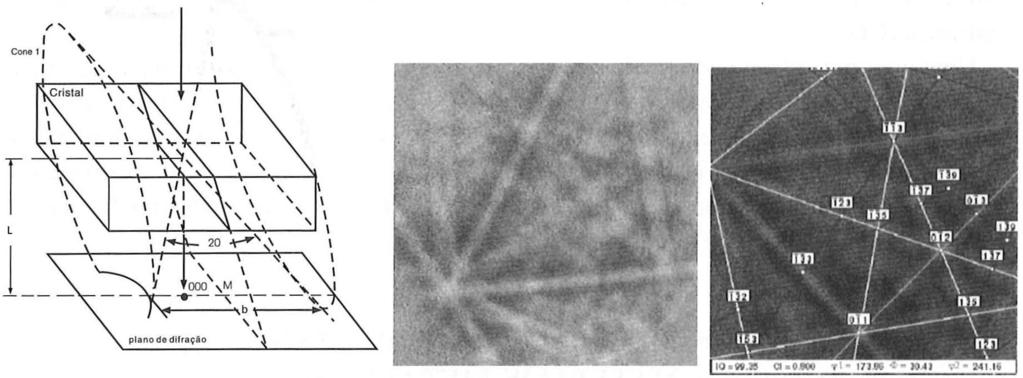 IDENTIFICAÇÃO DA ORIENTAÇÃO CRISTALOGRÁFICA ATRAVÉS DE PADRÕES DE KIKUCHI Os Padrões de Kikuch? consistem de bandas de alta intensidade obtidas por difração de elétrons retroespalhados.