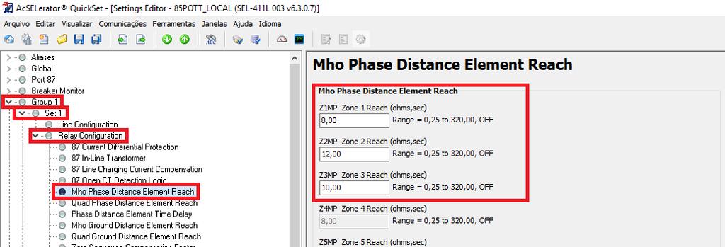 3.4. Mho Phase Element Distance Reach Clique em Group 1, em seguida Set 1, Relay Configuration e por fim clique em Mho Phase Element Distance Reach.