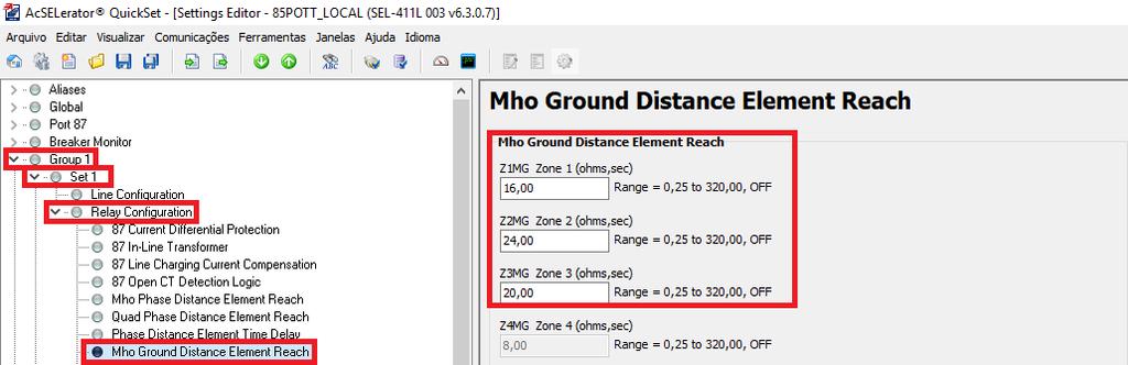 3.6. Mho Ground Element Distance Reach Clique em Group 1, em seguida Set 1, Relay Configuration e por fim clique em Mho Ground Element Distance Reach.