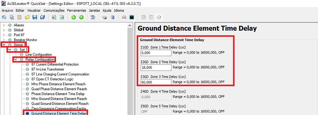 3.8. Ground Element Distance Time Delay Clique em Group 1, em seguida Set 1, Relay Configuration e por fim clique em Ground Element Distance Time Delay.