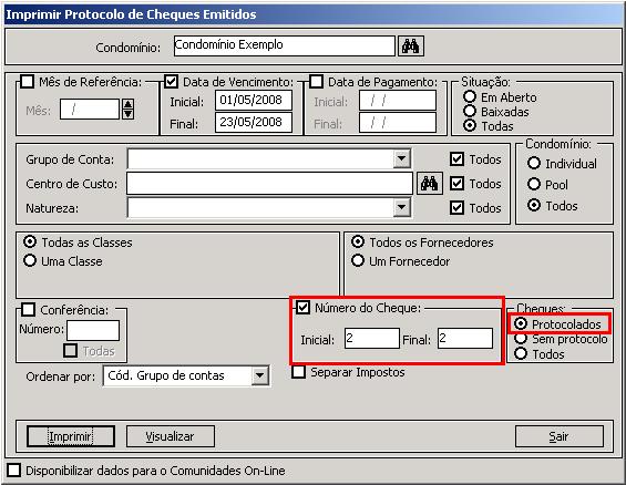 1- Para emitir o relatório, acesse o menu: Relatórios/ Contas/ Protocolo de cheques emitidos.