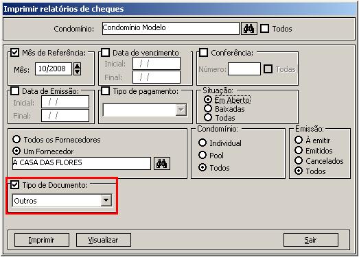 10- No relatório de cheque módulo controle também foi disposto o filtro por tipo de documento (menu: Relatórios/ Contas/ Cheques