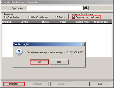 6- Ao marcar a opção Separar por Condomínio, o sistema identifica o CNPJ cadastrado para o condomínio e atribui os lançamentos correspondentes ao Condomínio.