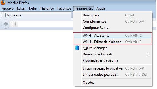 A Figura 1 apresentada a seguir representa o menu do WNH na barra de extensões do Mozilla Firefox.