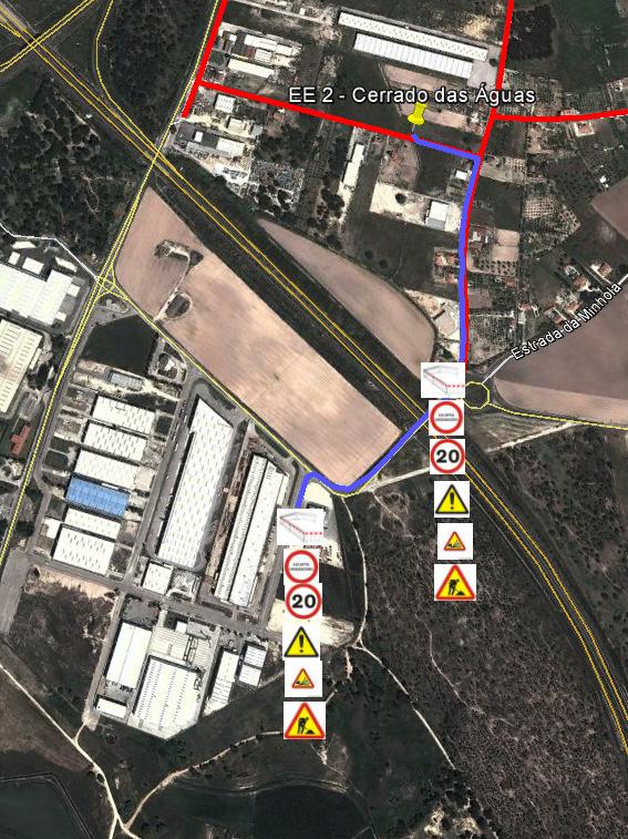 Esquema com localização da intervenção - esquema de sinalização temporária que será implementado na via de circulação que será alvo de intervenção Estrada Cerrado das Águas Vale Tripeiro - Benavente