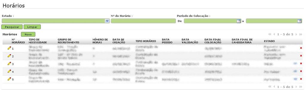 3 Contratação de Escola 3.1 Horários Na área Horários poderá pedir horários (Reserva de Recrutamento e/ou Contratação de Escola) bem como efetuar todos os procedimentos associados à sua gestão. 3.1.1 Criar novo horário Para efetuar um novo pedido de horário deve carregar no botão NOVO.