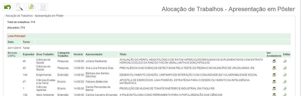 Ilustração 60: Trabalhos Alocados- Apresentação em Pôster Voltar à tela anterior, deve-se clicar no botão Voltar ( em Mostrar/Esconder Pesquisa ( ) Clicando em Ver Avaliadores ( Clicando em Editar (
