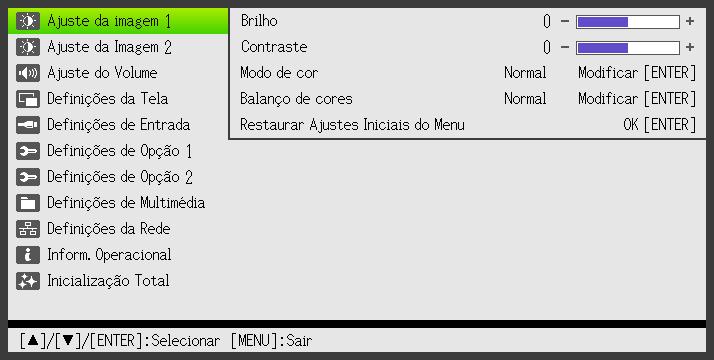 Uso do menu de configuração (MENU) Pressionar a tecla [MENU] exibe o menu de configuração mostrado abaixo na tela de projeção.