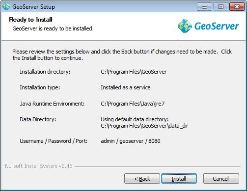 Instalação em Windows GeoServer Data Directory É onde serão armazenadas as configurações e os dados do GeoServer; Ficam armazenados