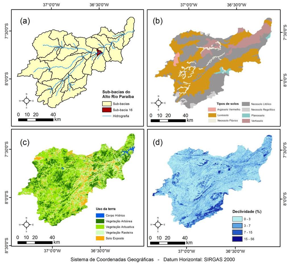 Figura 2 (a) Mapa de sub-bacias geradas pelo modelo SWAT, (b) Mapa dos tipos de solos, (c) Mapa de uso e ocupação do solo, e (d) Mapa de declividades da bacia do Alto Rio Paraíba. 2.2. Breve descrição do modelo SWAT e dados de entrada O SWAT (ARNOLD et al.