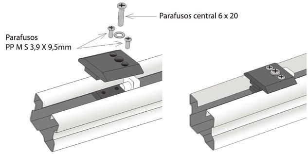 4. Para a fixação do outro stop, retire o parafuso que prende a tampa superior do trilho removendo a mesma, e siga os mesmos passos descritos anteriormente.