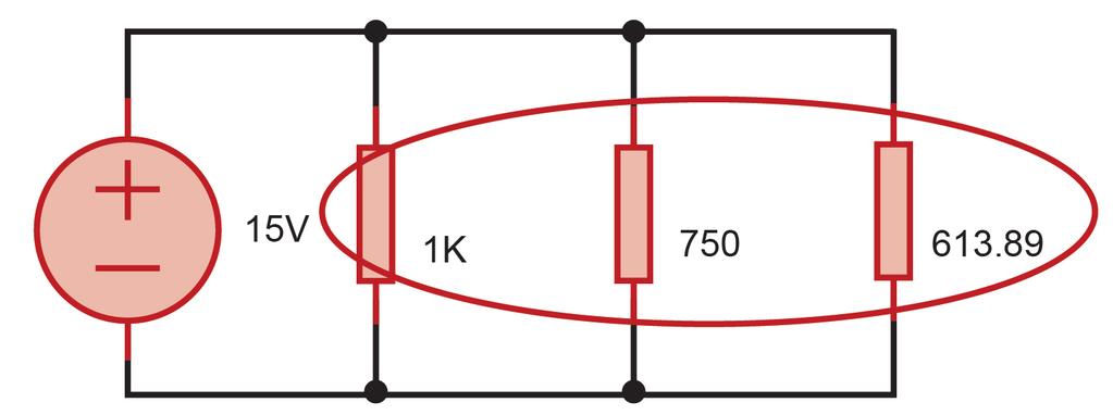 superiores (750Ω, 250Ω e 15Ω) como paralelas, assim obtemos: Em seguida faremos as duas resistências (13,89Ω e 600Ω) em série então obtemos um novo circuito com três resistências em paralelo