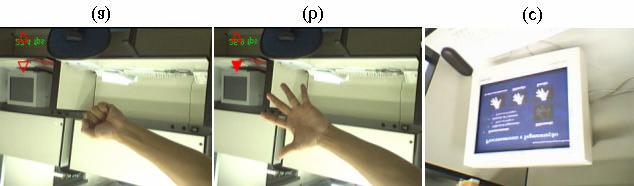 Aplicações 91 Figura 45 - Geração do evento AVANÇAR. A mudança do gesto (a) FECHADO para o gesto (b) ESTENDIDO gera o evento AVANÇAR, que é refletido na (c) tela do monitor.