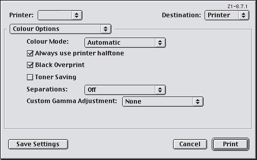 MAC OS 9 1. Escolha [Arquivo] [Imprimir]. 1 2 3 2. No menu [Impressora] (1), selecione o modelo da sua impressora. 3. Selecione [Opções de cor] (2). 4.