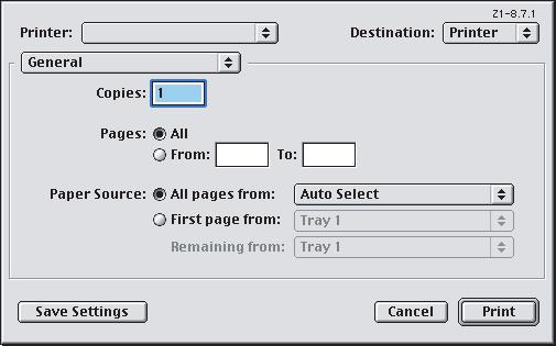 MAC OS9.X 1. Escolha [Arquivo] [Imprimir]. 1 2 3 2. No menu Impressora (1), selecione o modelo da sua impressora. 3. Selecione [Geral] (2). 4. Insira o número de [cópias] (3) que deseja imprimir.